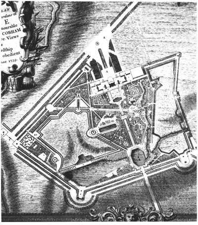 Plano de Charles Bridgemans (fl.1713-38) para Stowe Gardens, de um livro sobre vistas de Stowe publicado pela sra. Charles Bridgeman em 1739 (ver 140583 para o plano de William Kents depois) de English School