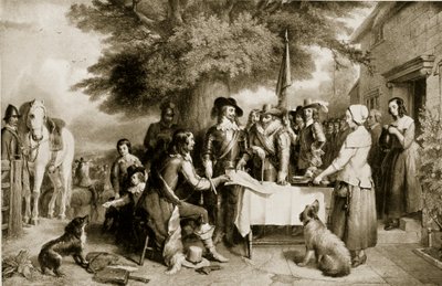 Charles I na véspera da batalha de Edgehil, 22 de outubro de 1642, ilustração de Hutchinsons História da nação britânica, c.1923 de English School