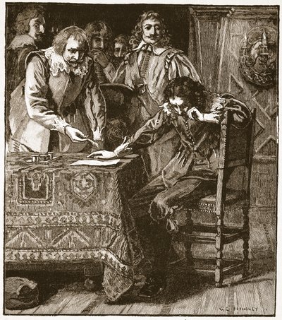 Charles assinando a comissão de consentimento para Straffords Attainder, ilustração da história ilustrada de Cassells da Inglaterra (foto sépia) de English School