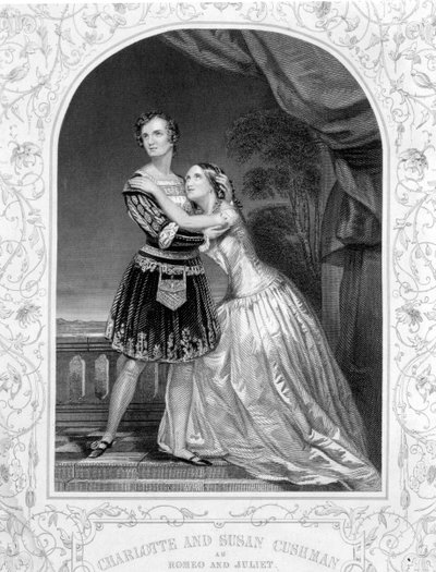 Charlotte e Susan Cushman como Romeu e Julieta, Ato III Cena 5 de Romeu e Julieta, de um daguerreótipo, pub. de John Tallis & Co. de English School