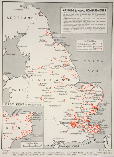 Gráfico mostrando as localidades exatas na Inglaterra e na Escócia que sofreram ataques aéreos e bombardeios hostis de 16 de dezembro de 1914 a 17 de junho de 1918, 1918-19 de English School