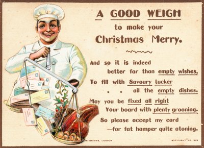 Chef, pesando cartas e comida em escalas, cartão de Natal de English School