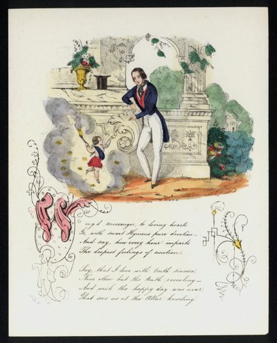 Querubim entregando uma carta de amor a um homem em um jardim (cor litho) de English School