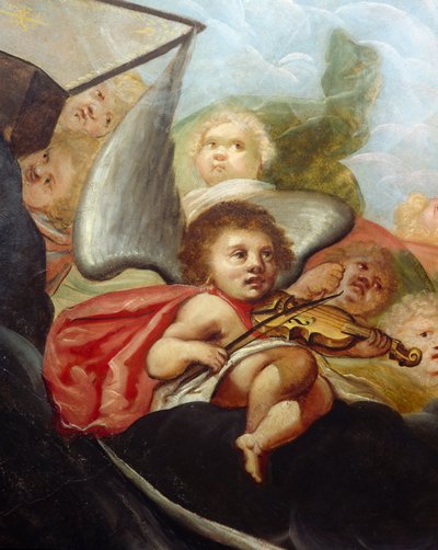 Querubim a tocar uma viola, detalhe do mural do tecto na sala do Céu (óleo sobre tela) de English School