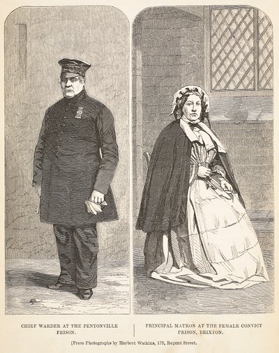 Chefe Warder na prisão de Pentonville e principal matrona na prisão do condenado feminino, Brixton, ilustração de The Criminal Prison de Londres e cenas de vida de prisão por Henry Mayhew e John de English School