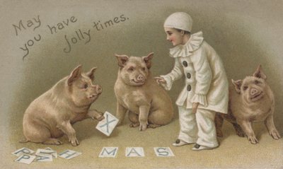 Fato de criança ina Pierrot com três porcos, cartão de Natal (chromolitho) de English School