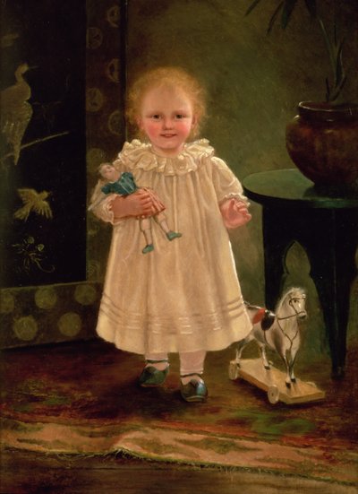 Criança com uma boneca e um cavalo de brinquedo, c.1840 de English School