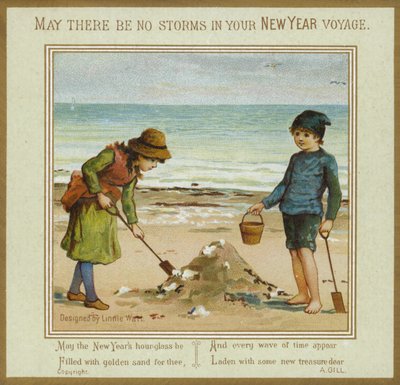 Crianças brincando na praia - cartão de ano novo de English School