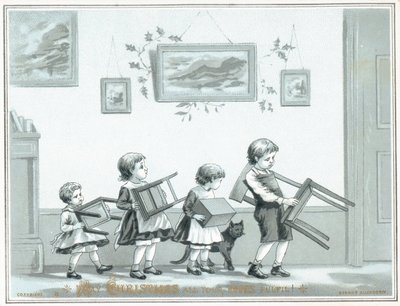 Crianças carregando cadeira e fezes, cartão de Natal de English School