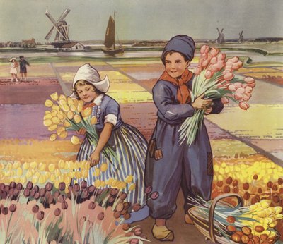 Crianças a apanhar tulipas na Holanda (litografia a cores) de English School