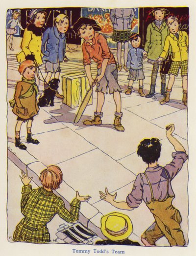 Crianças jogando críquete na rua (lito colorido) de English School
