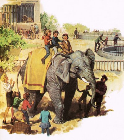 Crianças montando Jumbo no zoológico de Londres de English School
