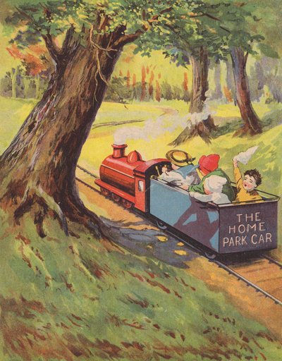 Crianças a andar num comboio em miniatura (cor litho) de English School