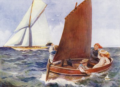 Crianças a navegar e a ver um iate de passagem (cor litho) de English School