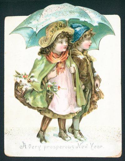 Crianças, andar, neve, sob, guarda-chuva, ano novo, cartão de English School