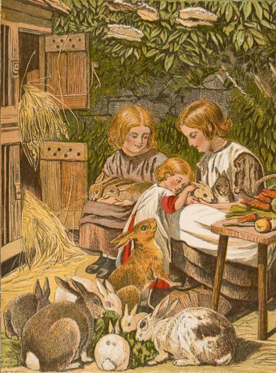 Crianças com os seus coelhos de estimação (litografia a cores) de English School