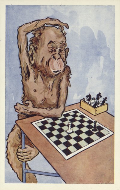 Chimpanzé ponderando um movimento de xadrez de English School