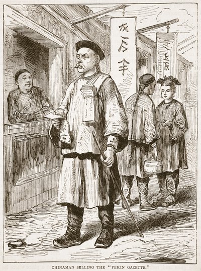 Chinaman, vendendo, a, pekin, gazette, ilustração, de, cassells, ilustrado, história, de, inglaterra de English School