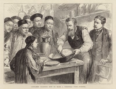 Chinês a aprender a fazer um pudim de ameixa de Natal (gravura) de English School