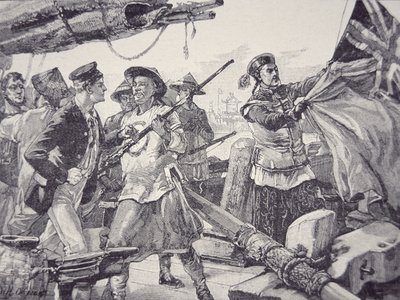 Os chineses embarcam no navio britânico "Arrow", derrubam a bandeira britânica e fazem prisioneiro a tripulação durante a Guerra do Ópio, 8 de Outubro de English School