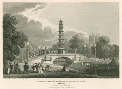 Pagode chinês e ponte, St Jamess Park, Londres, como apareceu em 1 de agosto de 1814 de English School