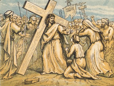 Cristo com a sua cruz (gravura colorida) de English School