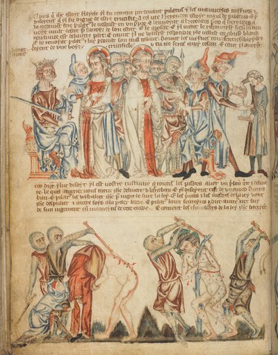 Cristo diante de Herodes e diante de Pilatos; Herodes lava as mãos; a flagelação de Cristo, Add. 47682, f.30v, c.1320-30 (velino) de English School