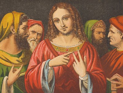 Cristo discutindo com os doutores (litografia a cores) de English School