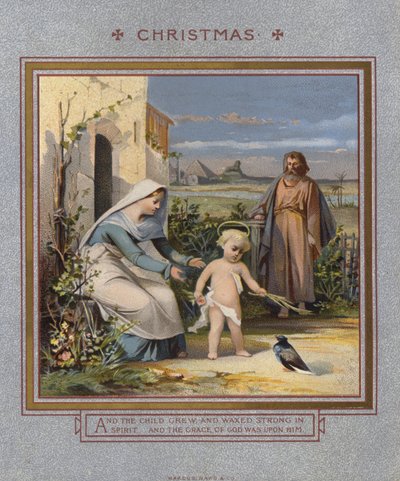 Cartão de Natal: Jesus brincando com uma pomba, vigiado por seus pais (chromolitho) de English School
