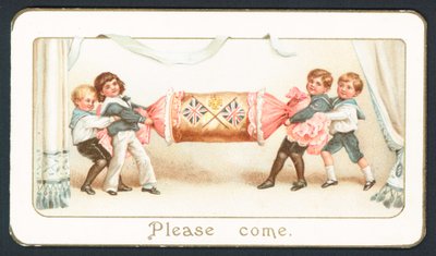 Cartão de Natal com as crianças puxando um cracker de English School