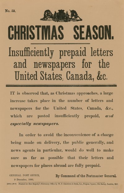 Aviso de postagem de Natal por comando do Postmaster General, 9 de dezembro de 1890 de English School