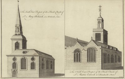 Igreja de St Mary Abchurch, Abchurch Lane e Igreja de St Martin Outwich em Threadneedle Street, Londres de English School