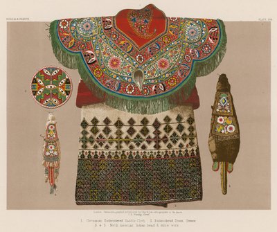 Pano de sela bordada circassiana; Vestido Bordado, Grécia; Missangas indianas norte-americanas e trabalhos em palha de English School
