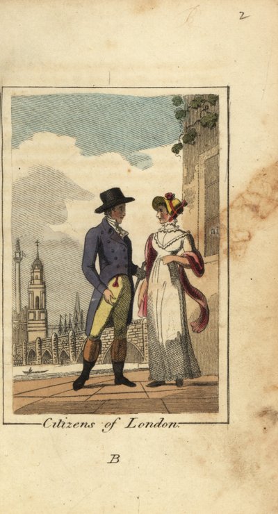 Cidadãos de Londres, com a Ponte Westminster e a Coluna Nelson como pano de fundo de English School