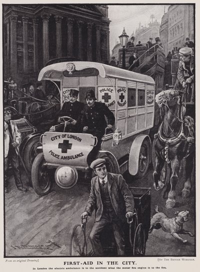 Ambulância eléctrica da Polícia da Cidade de Londres (litho) de English School
