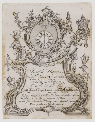 Relógio e Makers Watch, Joseph Harris, cartão de comércio de English School