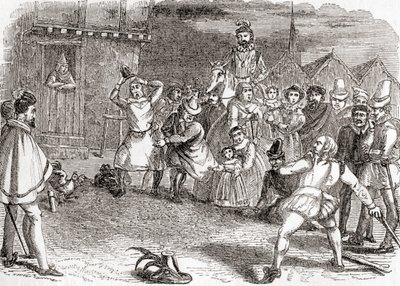 Arremesso de galos, também conhecido como "cock-shying" ou "throwing at cocks", da Velha Inglaterra: A Pictorial Museum, pub. 1847 de English School