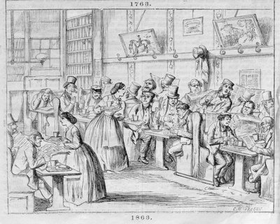 Coffee Room em 1863, do London Coffee-Houses Passado e Presente (gravura a cores) de English School