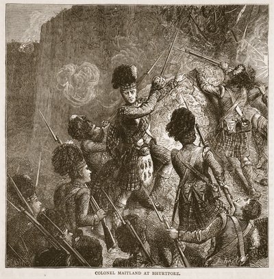 Coronel Maitland em Bhurtpore, ilustração da história ilustrada de Cassells da Índia por James Grant, bar. 1879 de English School