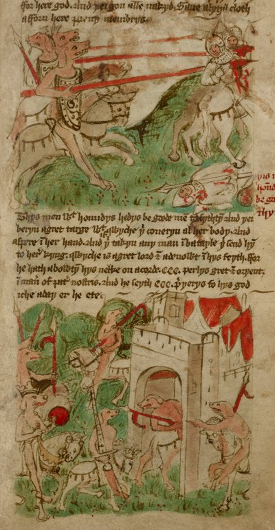 Desenhos coloridos representando as pessoas com cabeça de cão ("Cynocephales") da ilha Nacumera, de "Viagens de Sir John Mandeville" (pergaminho) de English School
