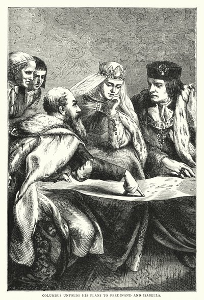 Colombo desdobra seus planos para Ferdinand e Isabella (gravura colorida) de English School