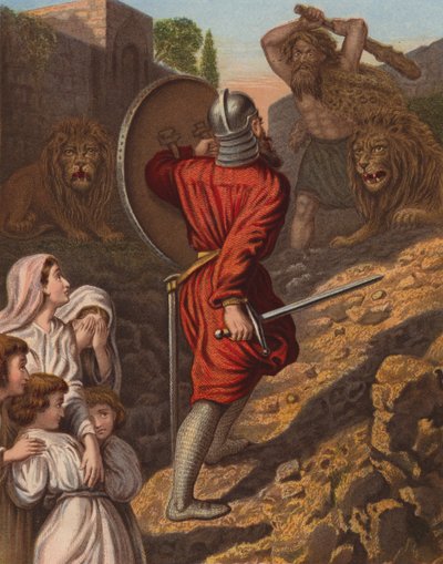 Combate entre o Grande Coração e o Gigante Grim (litografia a cores) de English School