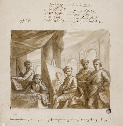 Company of Painters, c.1719 (pincel e lavagem marrom, sobre grafite, em papel marfim) de English School