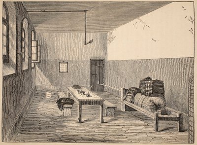 Célula condenada, Newgate, ilustração das prisões criminosas de Londres e cenas da vida da prisão por Henry Mayhew e por John Binny, bar. 1862 de English School