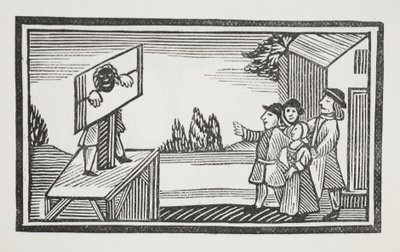 Condenado a ficar por uma hora ou mais no pelourinho, ilustração de Chap-livros do século XVIII de John Ashton, pub. 1882 de English School