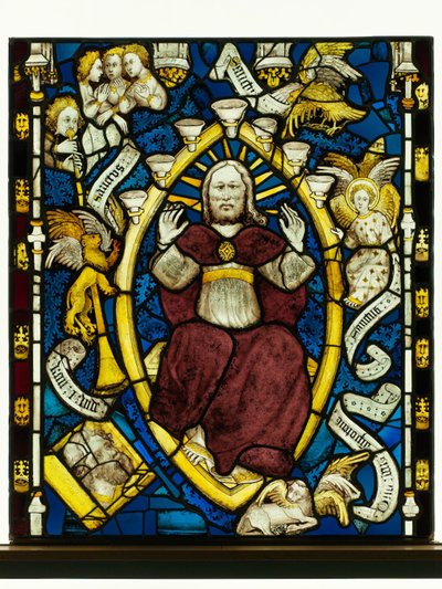 Painel conservado da Great East Window na York Minster: &39;Deus em Majestade&39; de English School