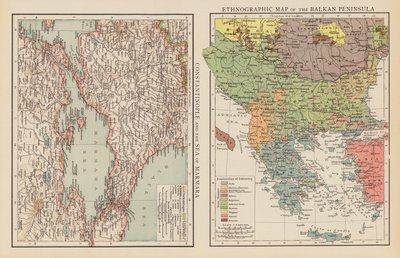 Constantinopla e o Mar de Mármara; Mapa etnográfico da Península dos Balcãs (litografia a cores) de English School