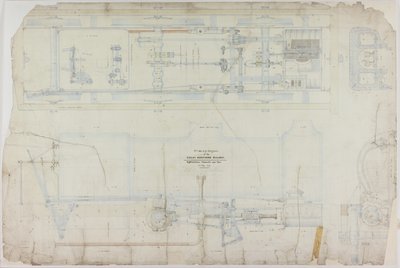 Desenho de construção da locomotiva 2-2-2 da R. & W. Hawthorn & Co. para a Great Northern Railway Co. de English School