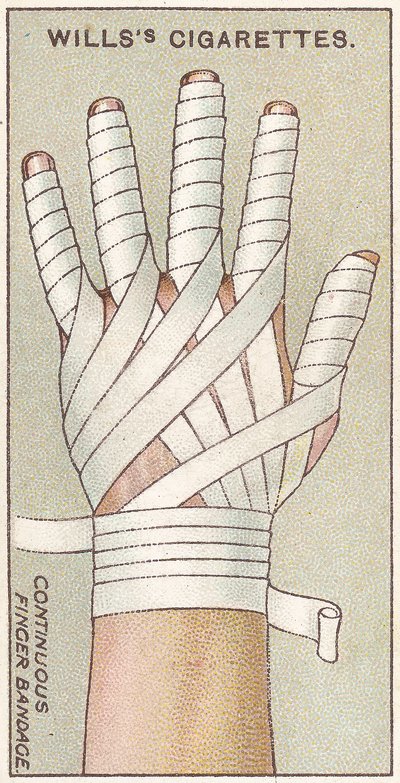 Atadura de dedo contínuo, no.48 da série de primeiros socorros de cartões de cigarros de Willss, 1913 de English School