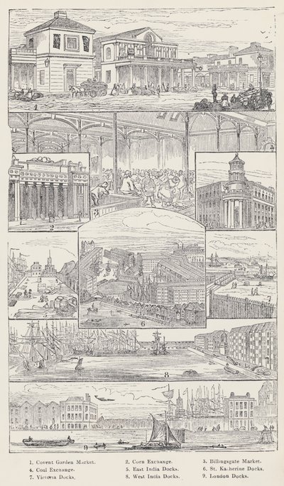 Convent Garden Market, Corn Exchange, Billingsgate Market, Coal Exchange, East India Docks, St Katherine Docks, Victoria Docks, West India Docks, London Docks (gravura) de English School